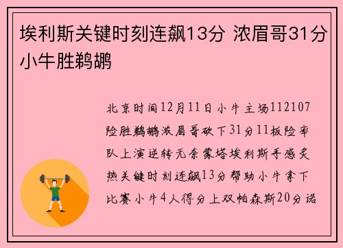 埃利斯关键时刻连飙13分 浓眉哥31分小牛胜鹈鹕